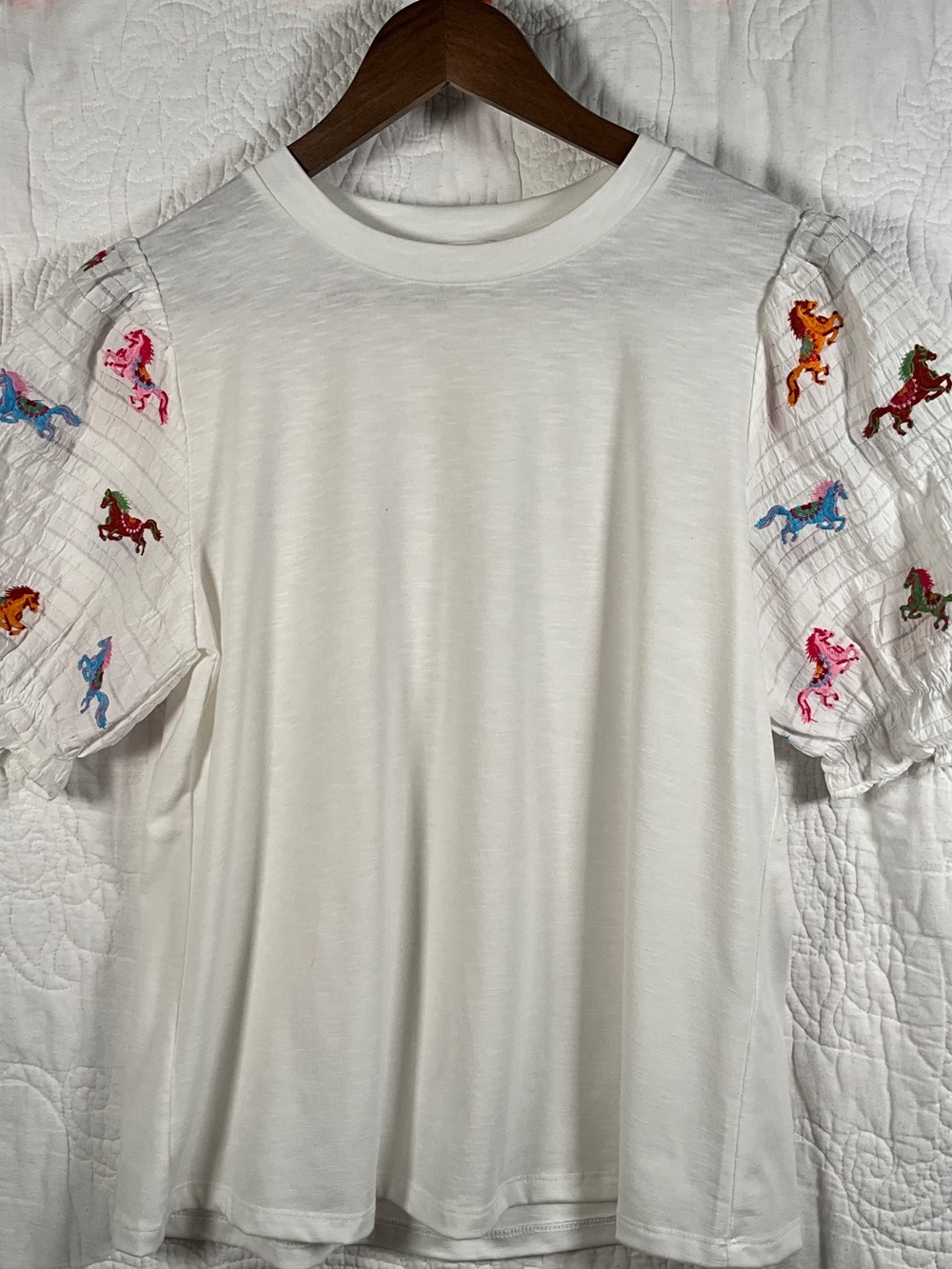 THML White Puff-Sleeve Tee with Multicolor Embroidered Horses